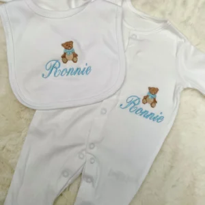 Personalised name Baby Bib ,Sleepsuit + Muslin Bear Set (3 piece set)