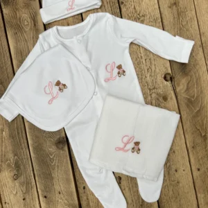 Personalised Embroidered White Initial Baby Bib ,Sleepsuit, Hat + Muslin Bear Set (4 piece set)