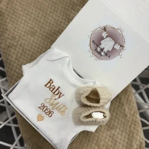 Personalised baby announcement box - including a personalised baby grow and booties