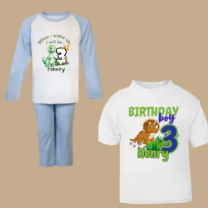 Birthday - personalised blue Dinosaur inspired "when I wake up Pyjama's" / birthday t-shirt
