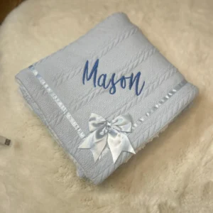 Personalised Embroidered BLUE Cable Knit Fleece Blanket With Bow