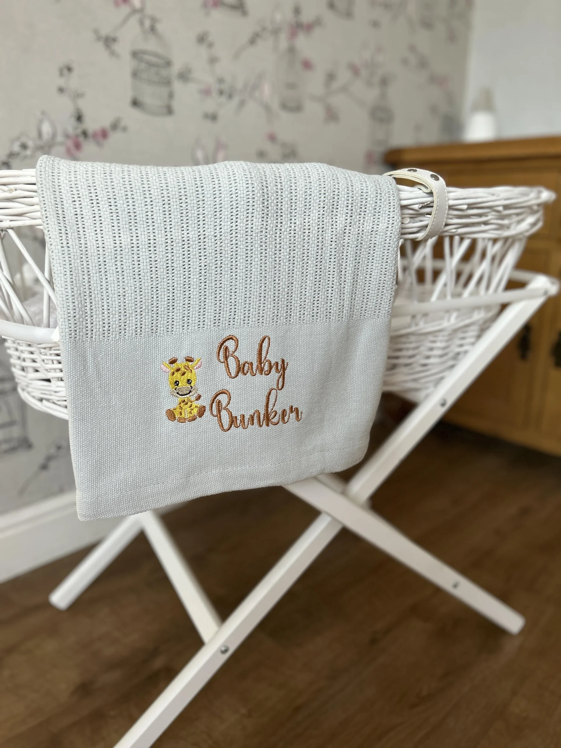 Personalised GREY Embroidered Baby Cellular Blanket with Name and Design
