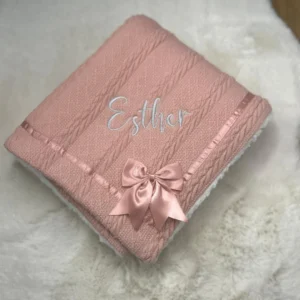 Personalised Embroidered DUSKY PINK Cable Knit Fleece Blanket With Bow